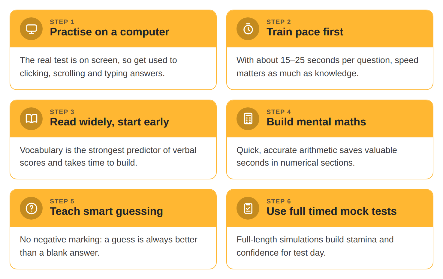 6 steps to prepare for Cambridge Select Insight: practise on a computer, train pace, read widely, build mental maths, teach smart guessing, use full timed mock tests